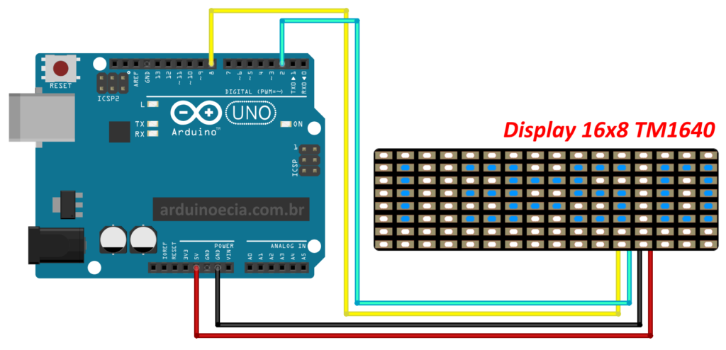 Circuito Arduino Uno e display matriz de led 16x8 TM1640