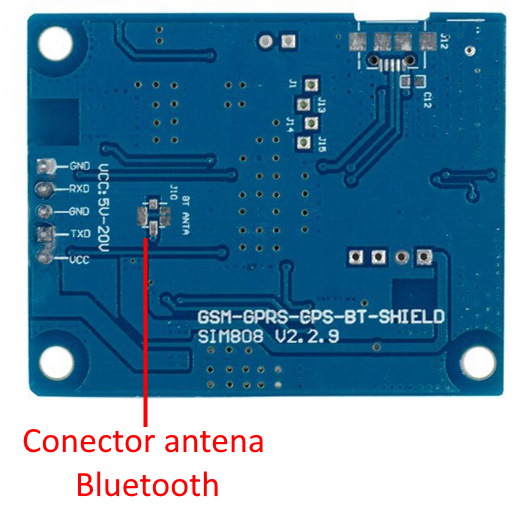 Módulo SIM808 parte posterior conector antena Bluetooth BT