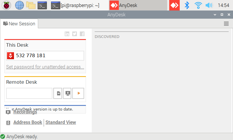 Tela principal AnyDesk Raspberry Pi