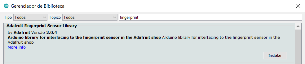Instalação da biblioteca Adafruit Fingerprint Sensor Library