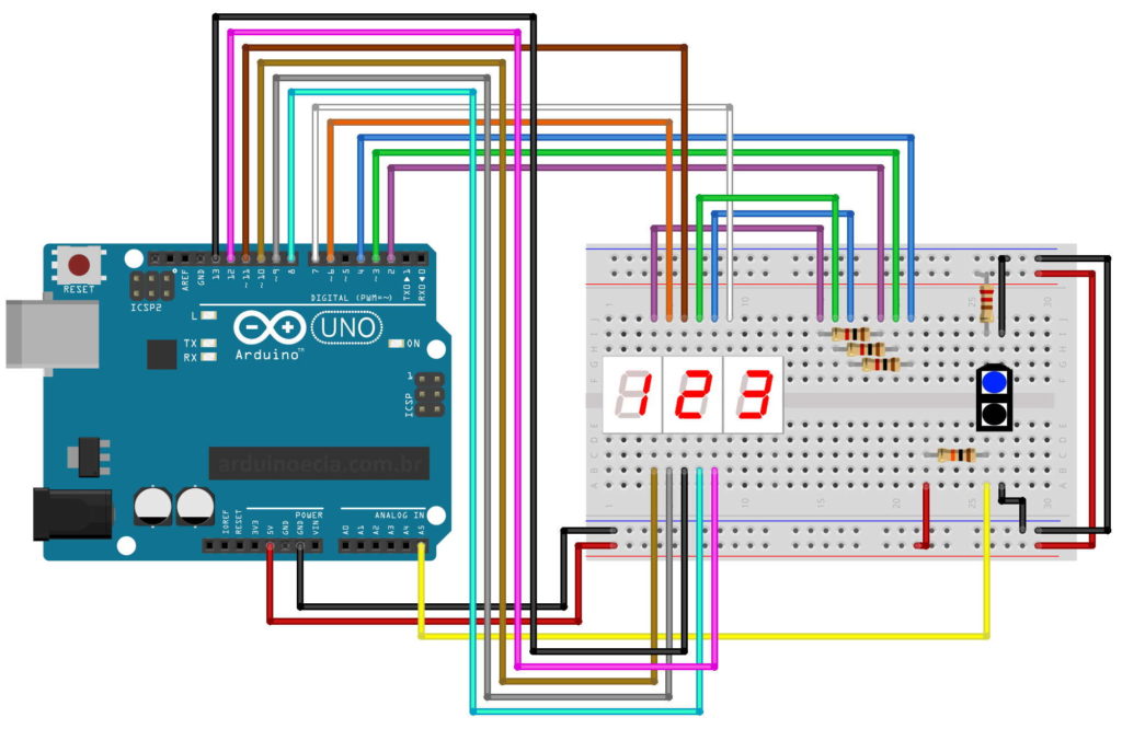 Circuito Arduino Uno, display 7 segmentos 3 dígitos e sensor óptico TCRT5000