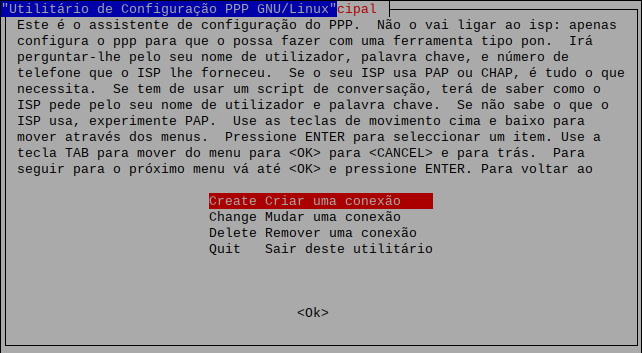 Tela principal pppconfig configurando GSM com Raspberry Pi