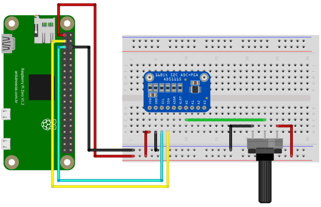 Circuito Conversor Analógico Digital ADS1115 com Raspberry Pi