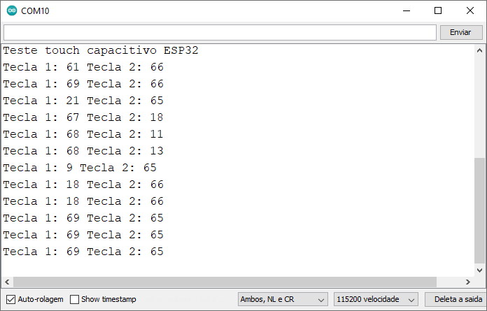 Serial Monitor - Dados do sensor touch capacitivo do ESP32