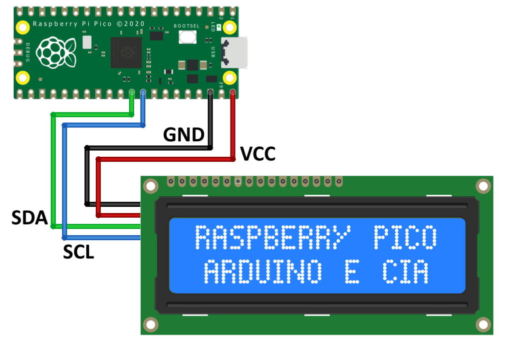 Circuito LCD 16x2 I2C e Raspberry Pi Pico
