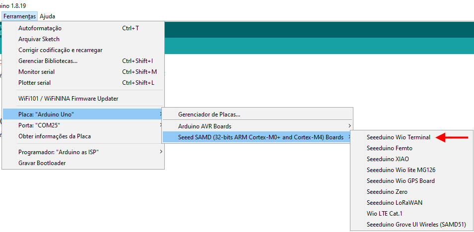 IDE Arduino com seleção de placa Seeeduino Wio Terminal