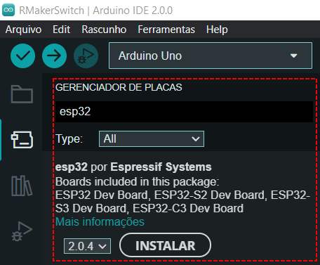 Gerenciador de Placas IDE Arduino 2.0 - Placas ESP32 Espressif